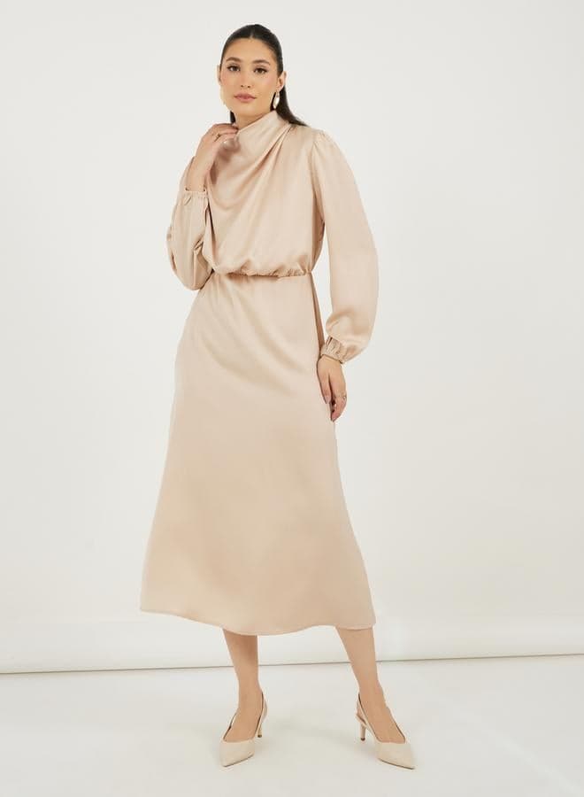 Satin Cowl Neck Midi Dress in Pale Gold - Image 1
