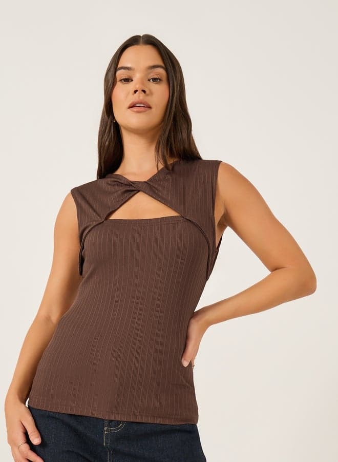 Ribbed Sleeveless Cut-Out Blouse with Twist Front - Image 1