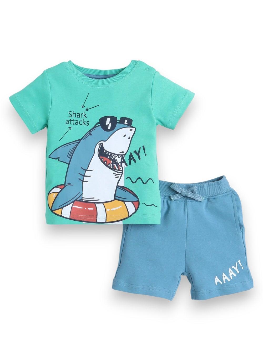 Victor and Jane Infant 2PC Green Shark Tee Blue Shorts - Image 1