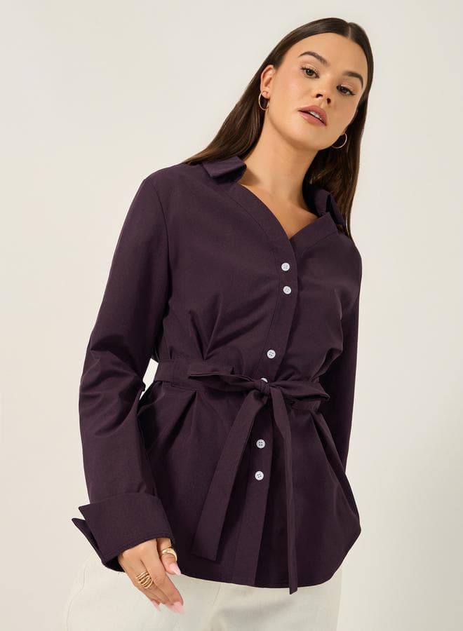 Regular Fit Collared Shirt with Waist Tie Detail - Image 1
