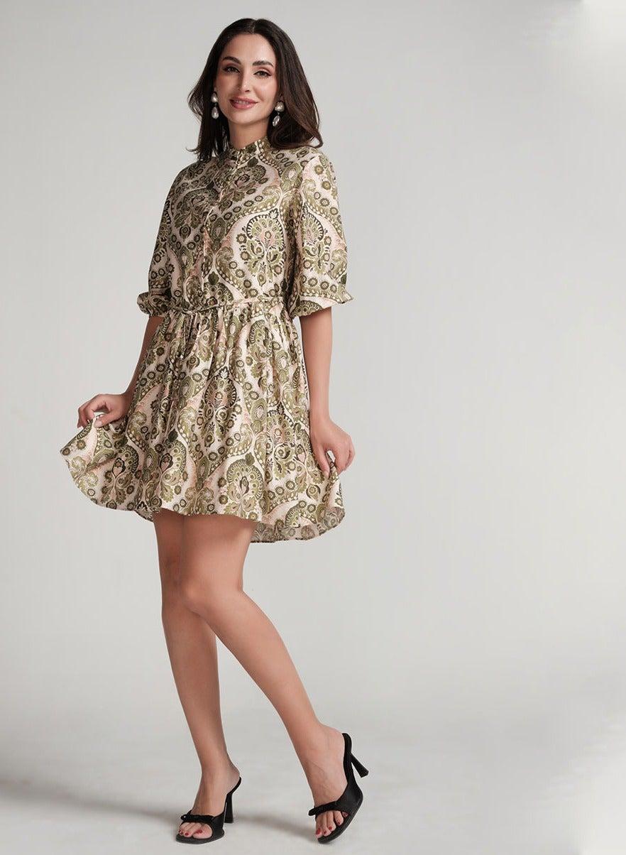 Paisley Print Mini Dress with Puff Sleeves - Image 1