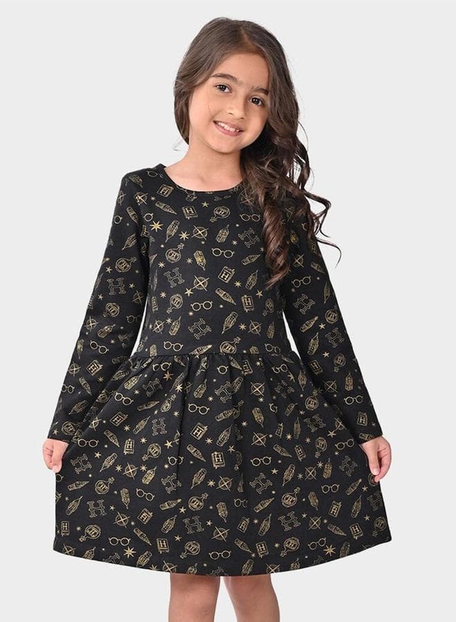 Girl's Black 100% Cotton Printed Regular Fit Dress - Image 1
