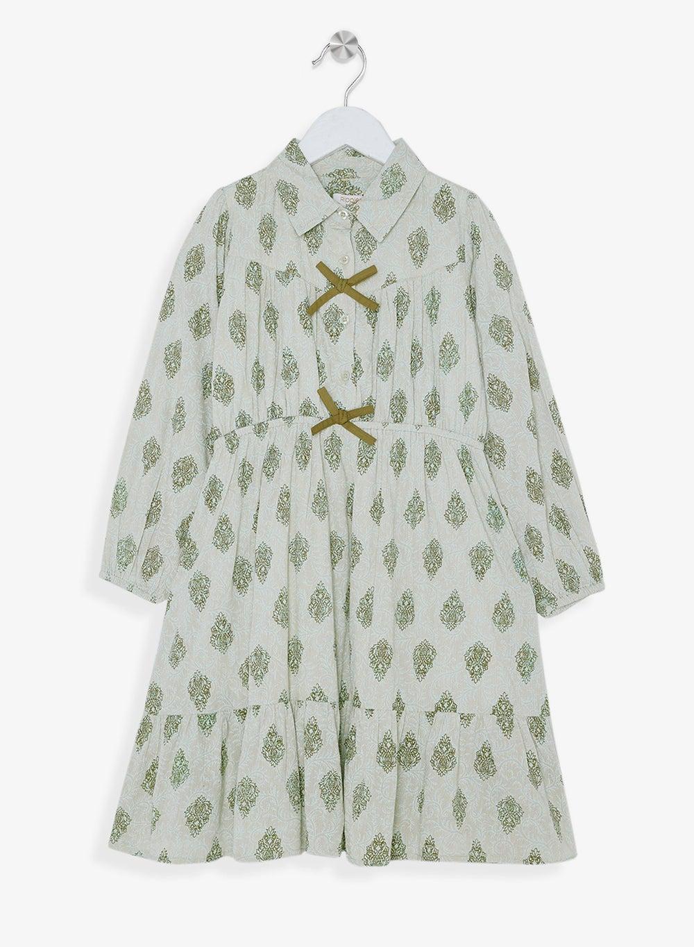 Girls Printed Cotton Dress with Paisley Leaf Motif - Image 1