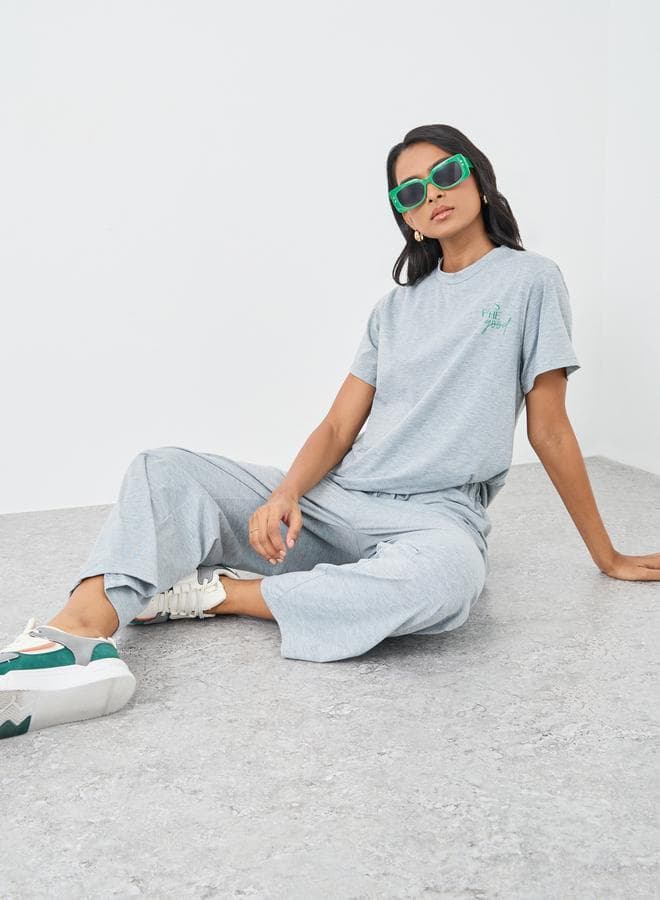 Grey Slogan Print T-Shirt and Pants Co-Ord Set - Image 1