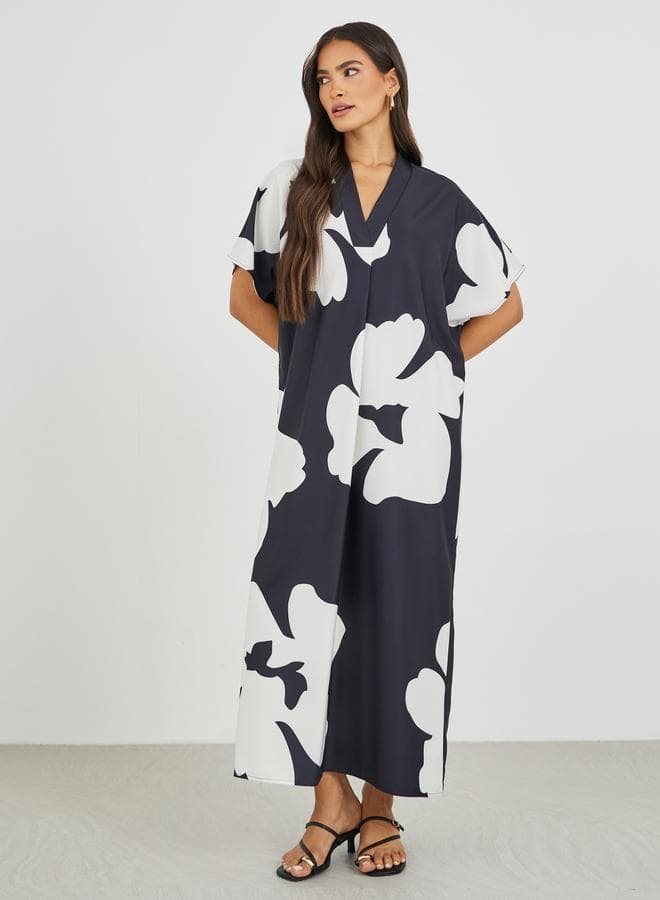 Floral Print Batwing Sleeve V-Neck Maxi Dress - Image 1