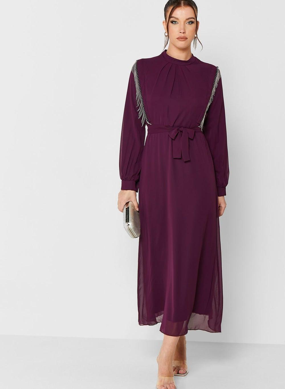 Embellished Trim Belted Maxi Dress - Image 1