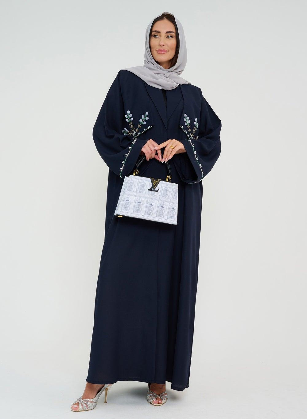 Navy Open Abaya with Hand Embroidery Jacket Style - Image 1