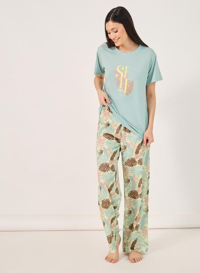 Self Love Graphic Leaf Print Long Pyjama Set - Image 1