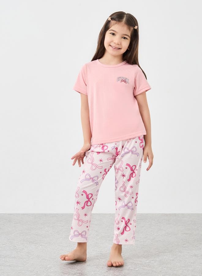 Round Neck T-Shirt and Bow Print Girls Pyjama Set - Image 1