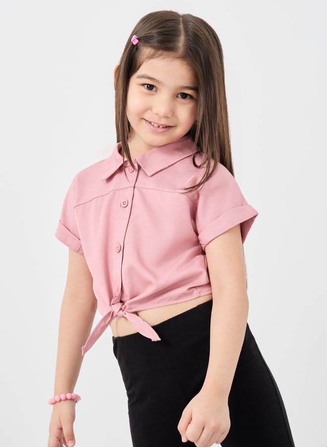 Buttoned Wait Tie Collared Crop Shirt for Girls - Image 1
