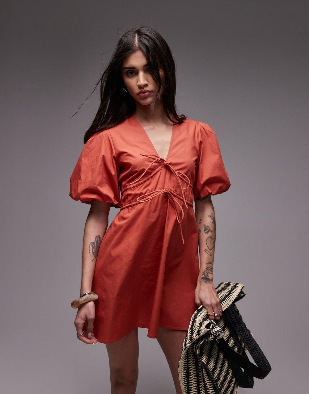 Orange Puff Sleeve Mini Dress with Tie V-Neck - Image 1