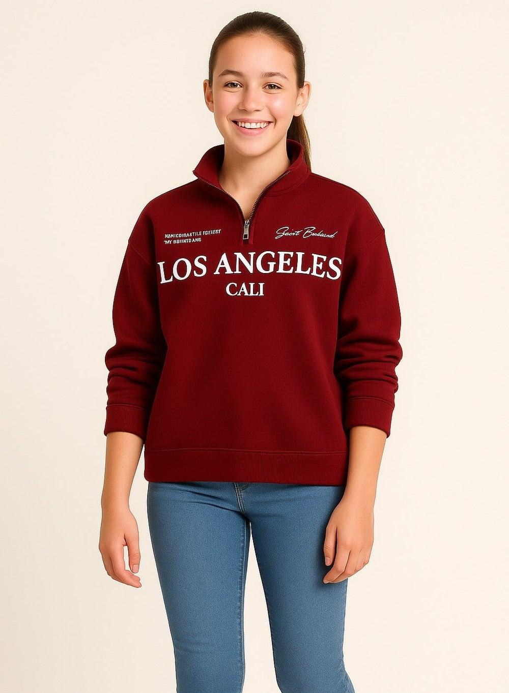 Los Angeles Cali Half-Zip Girls Sweatshirt, 100% Cotton Fleece - Image 1