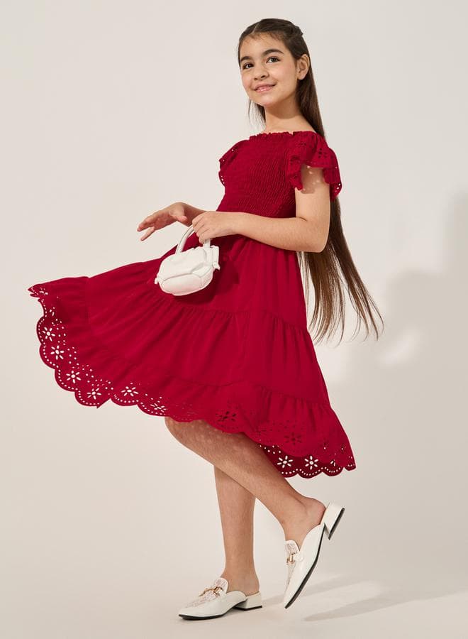Girls Red Eyelet Hem Tiered Dress - Image 1