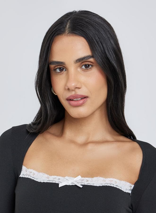 Styli Black Square Neck Long Sleeve Knit Top - Image 1