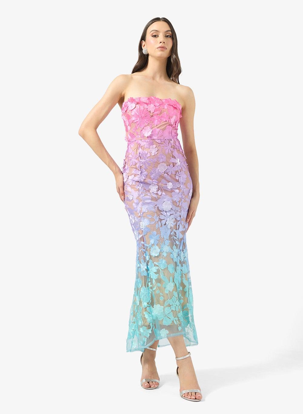 Bandeau 3D Floral Applique Ombre Maxi Dress - Image 1