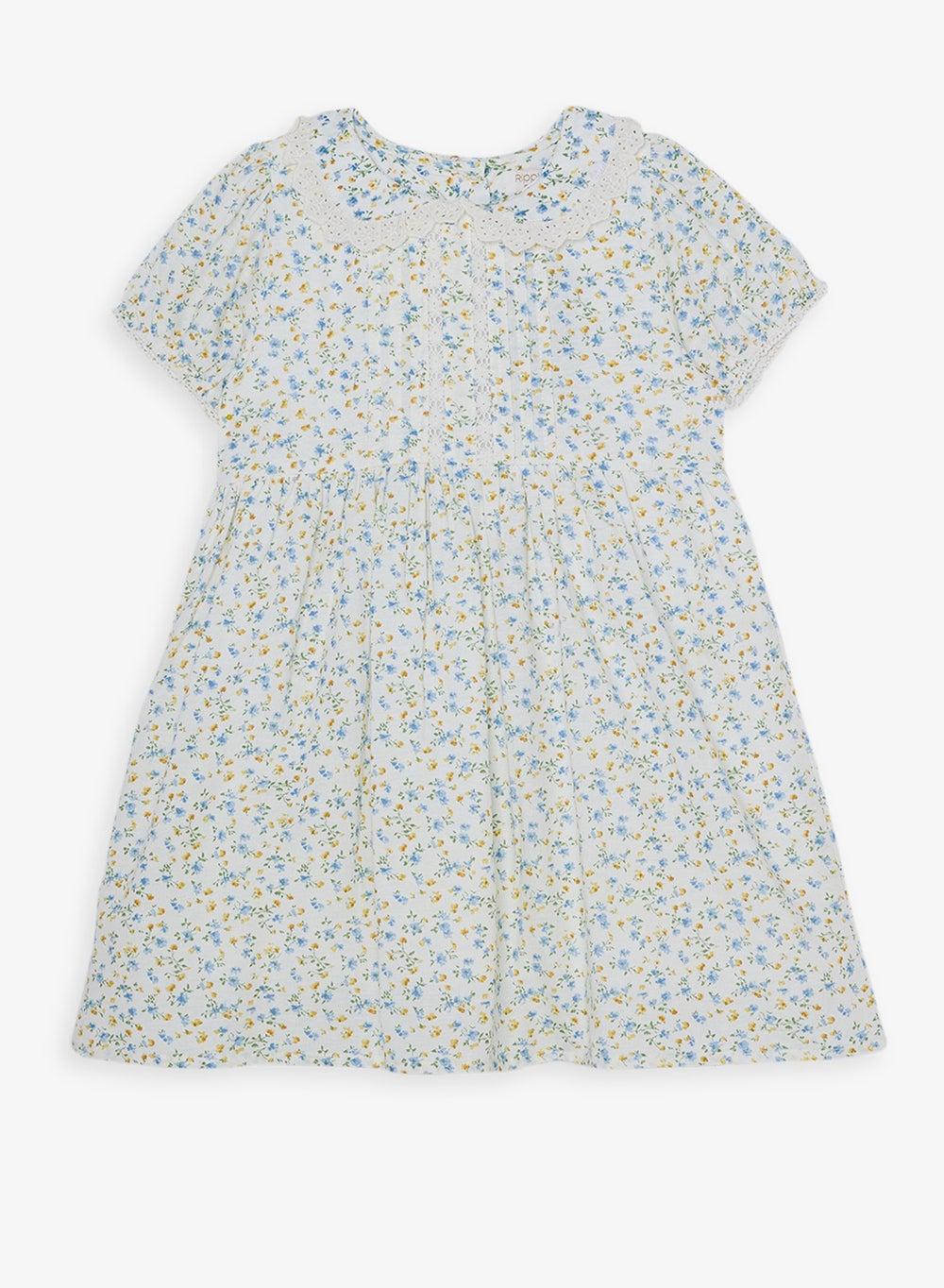 Girls White Floral Cotton Dress with Eyelet Collar - Image 1