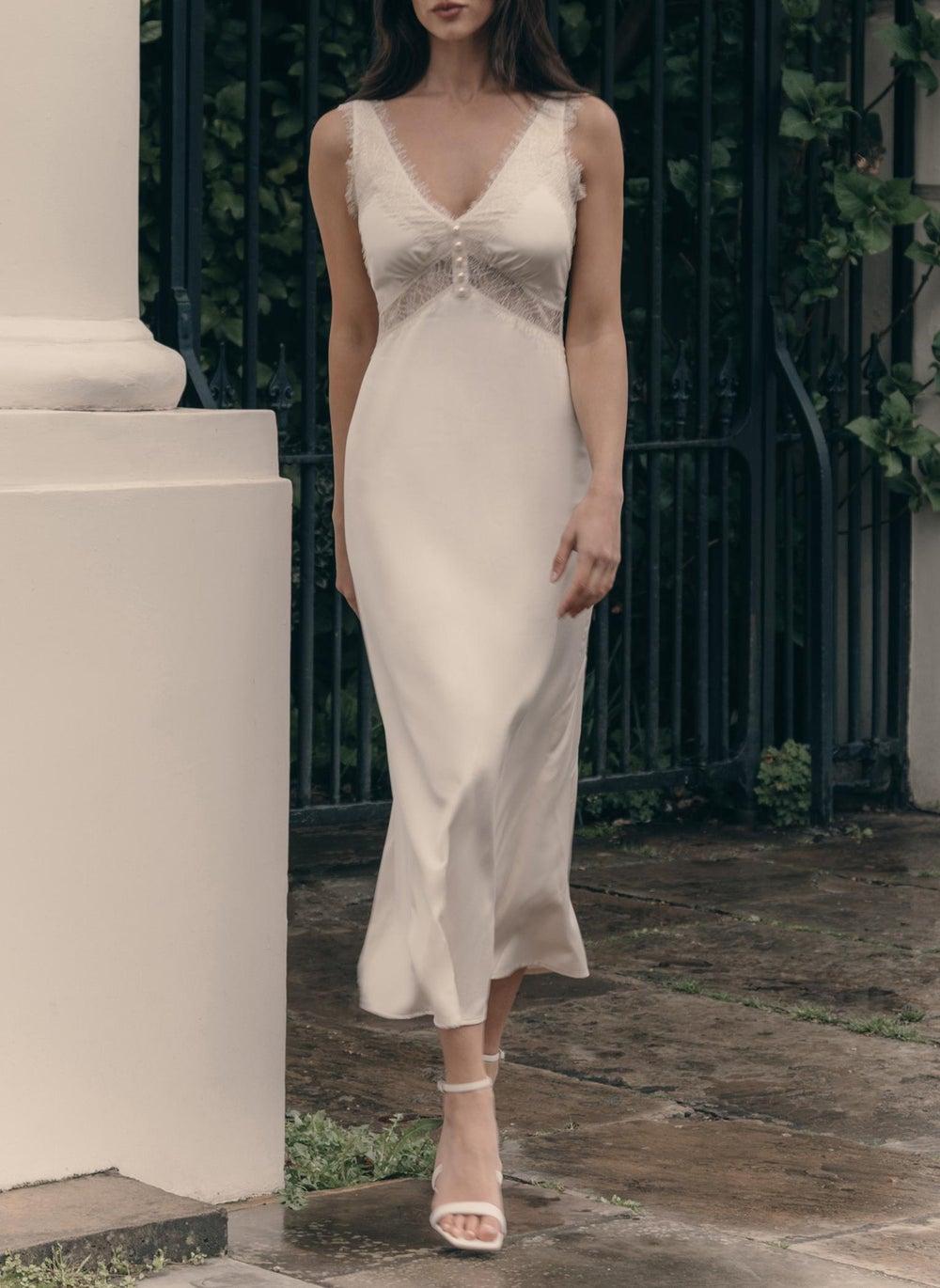 Lace-Trim Midi Slip Dress in Cream - Image 1