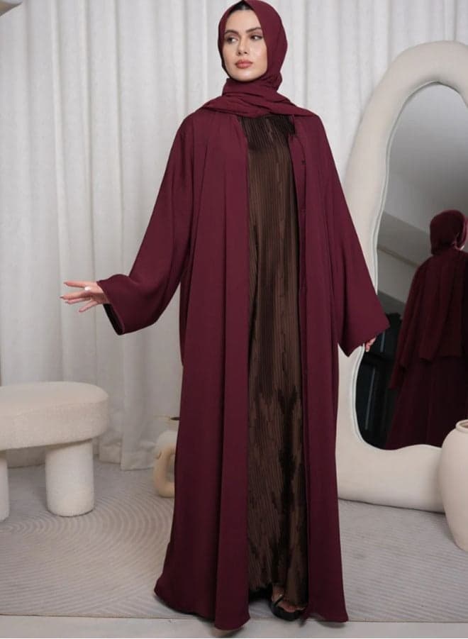 Maroon Textured Front Open Abaya with Buttons and Inner - Image 1