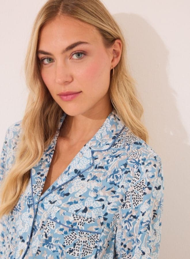 Blue Floral Viscose Classic Pyjamas - Image 1