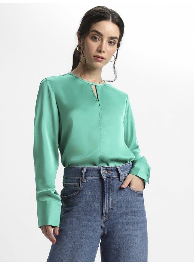 Green Satin Crepe Regular Fit Blouse for Women - Image 1