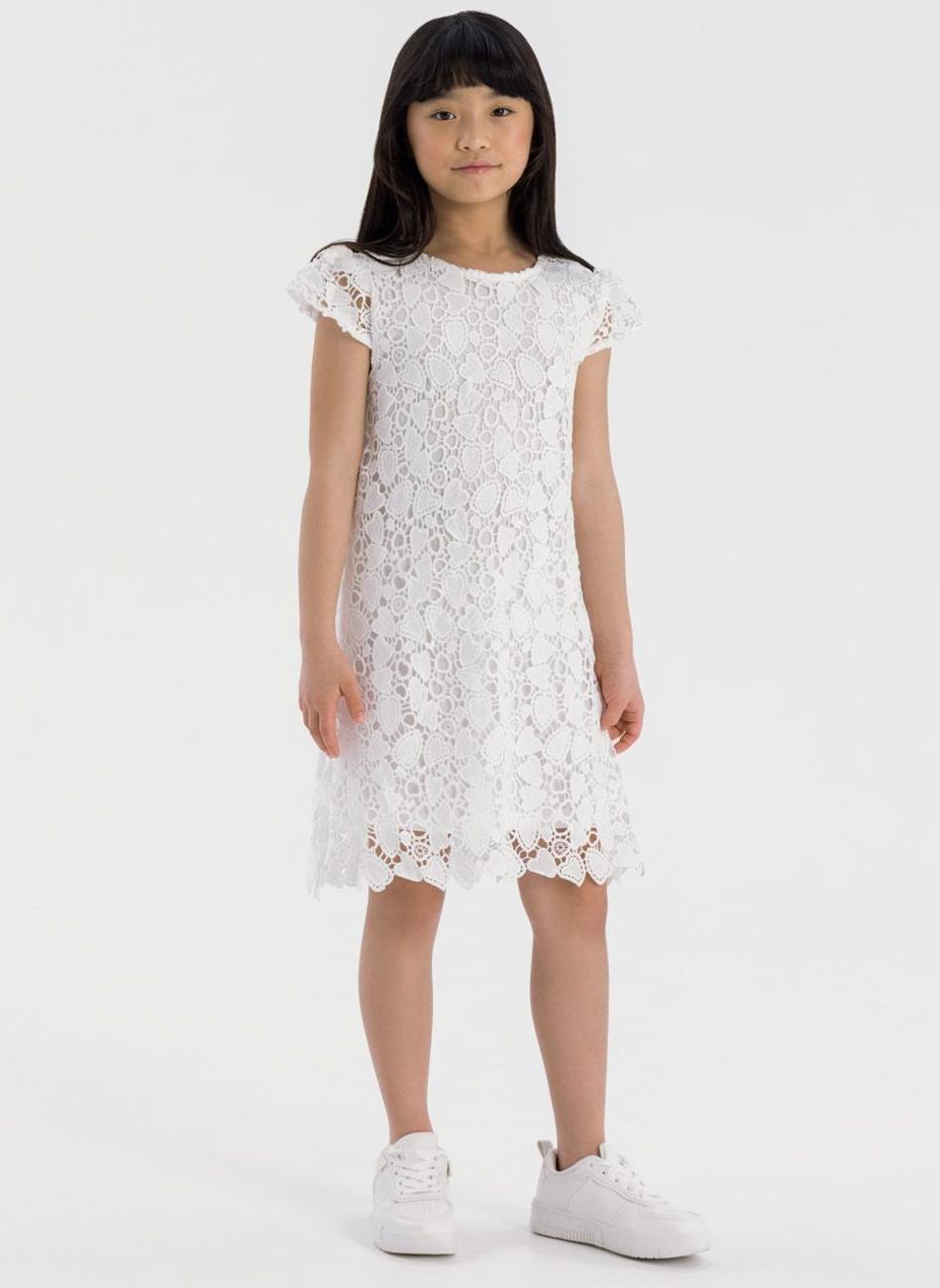 Girls White Short Sleeve Lace Dress - Image 1