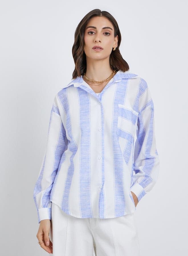 Women Striped Oversized Shirt with Pocket Detail - Image 1