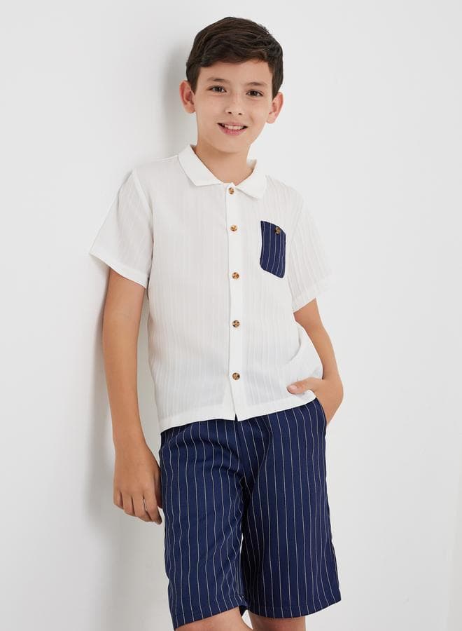 Textured Shirt and Striped Shorts Set for Boys - Image 1
