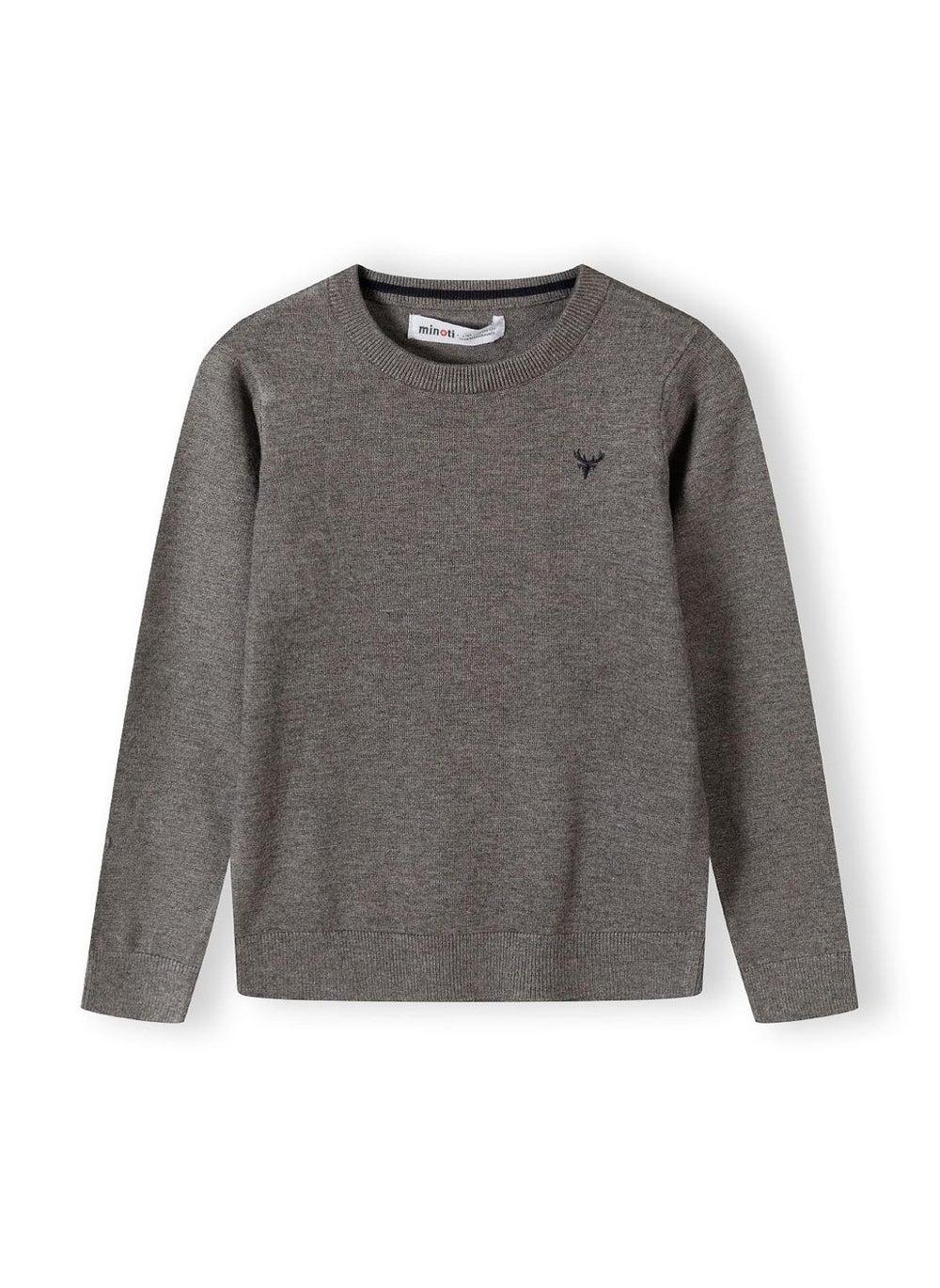 Boys Grey Fine Knit Jumper with Chest Embroidery - Image 1