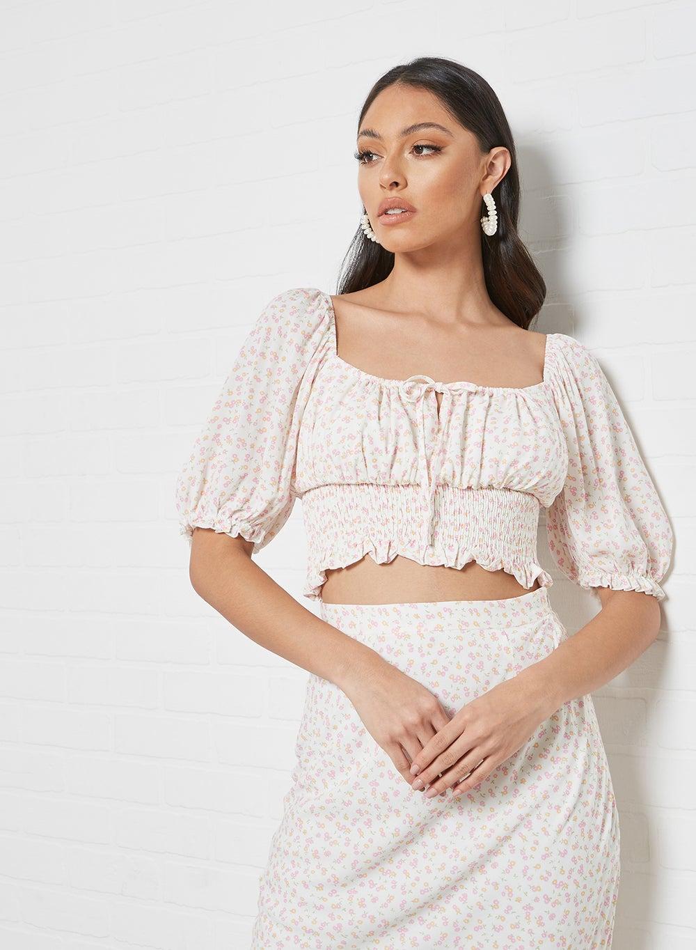 Multicolour Puff Sleeve Crop Top - Image 1
