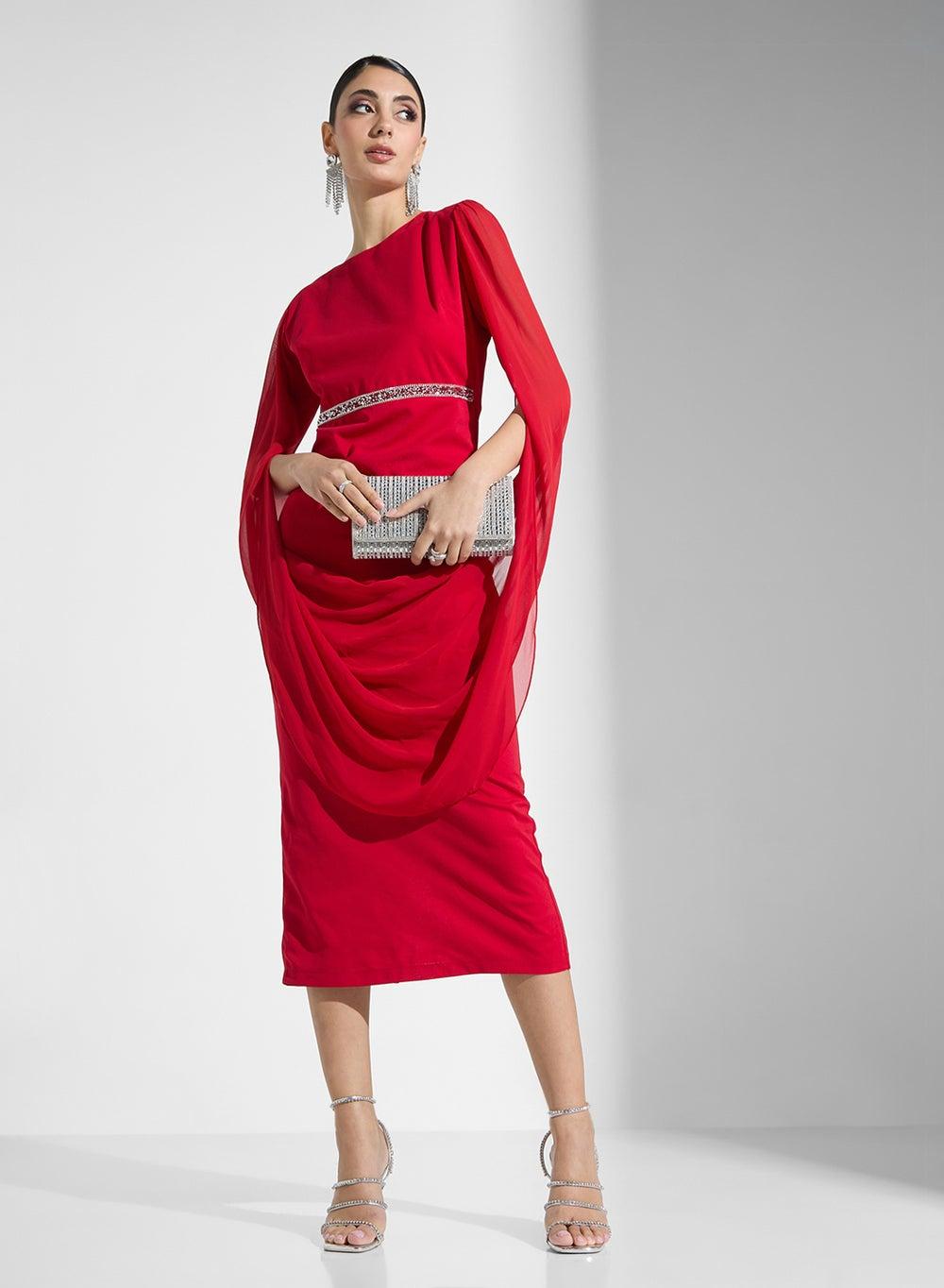 Red Draped One-Shoulder Cocktail Dress with Embellished Belt - Image 1
