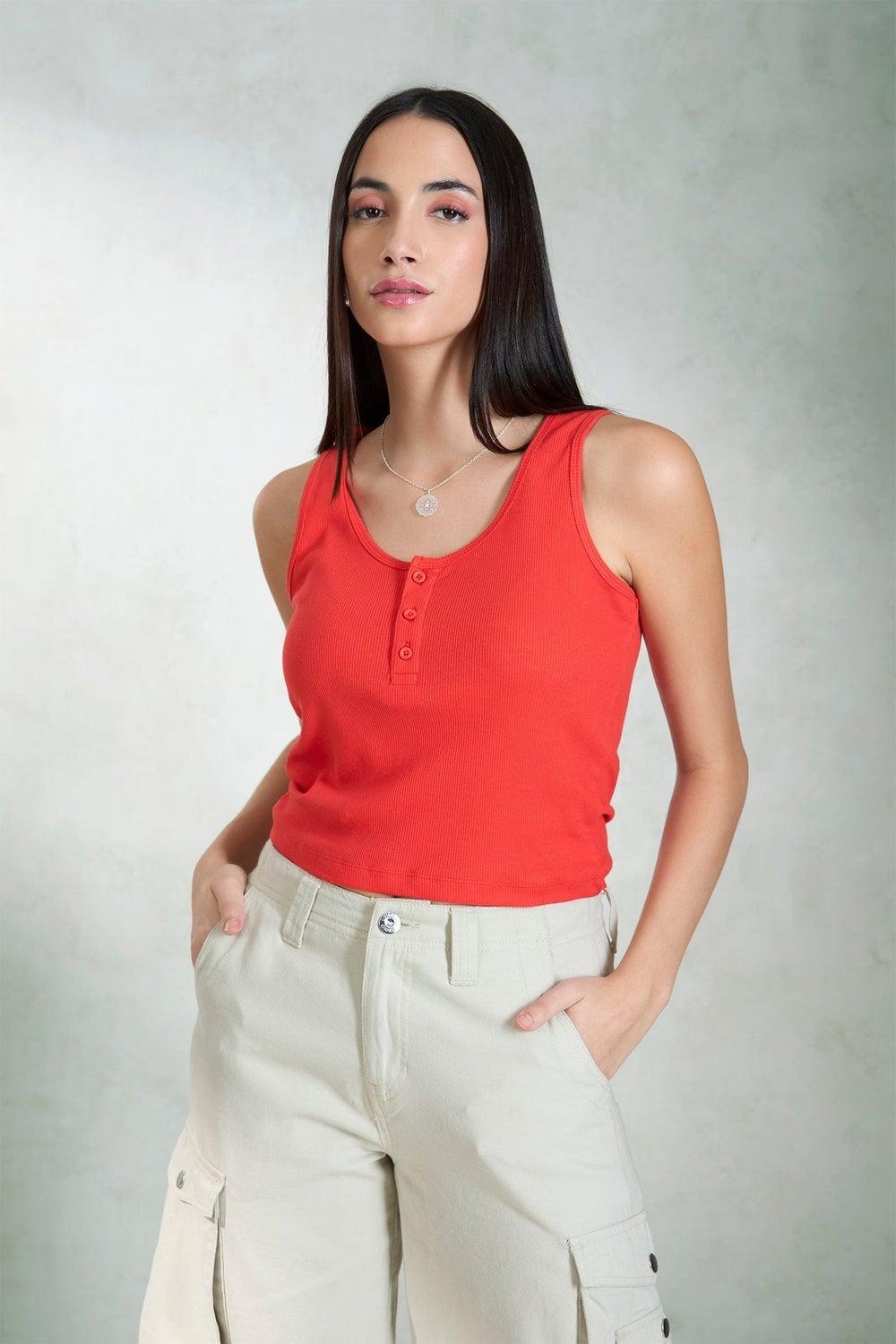 VIRGIO Fiery Red Cotton Sleeveless Scoop Crop Top - Image 1