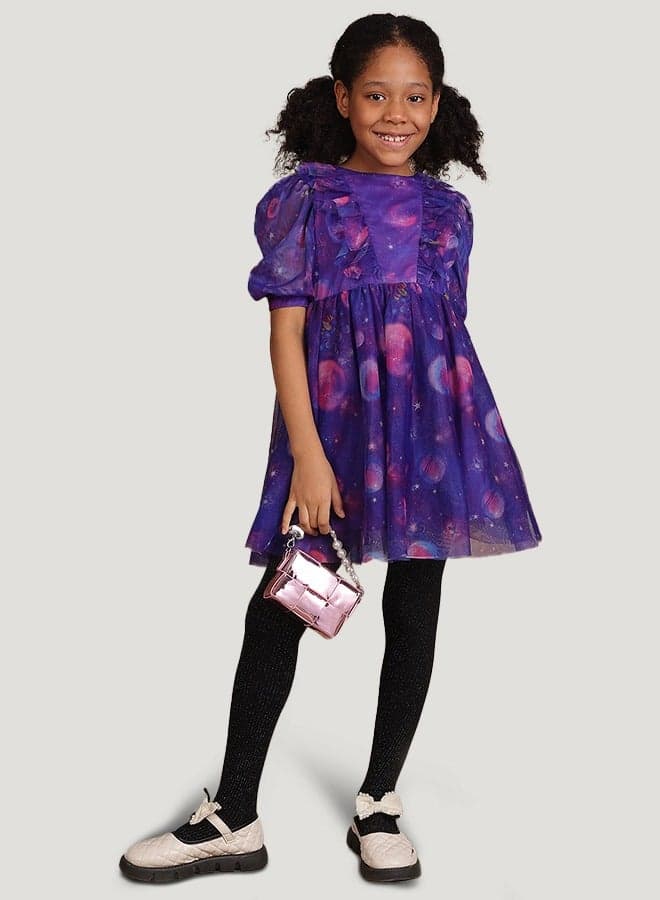 Celestial Print Girls Dress with Ruffled Neckline - Image 1