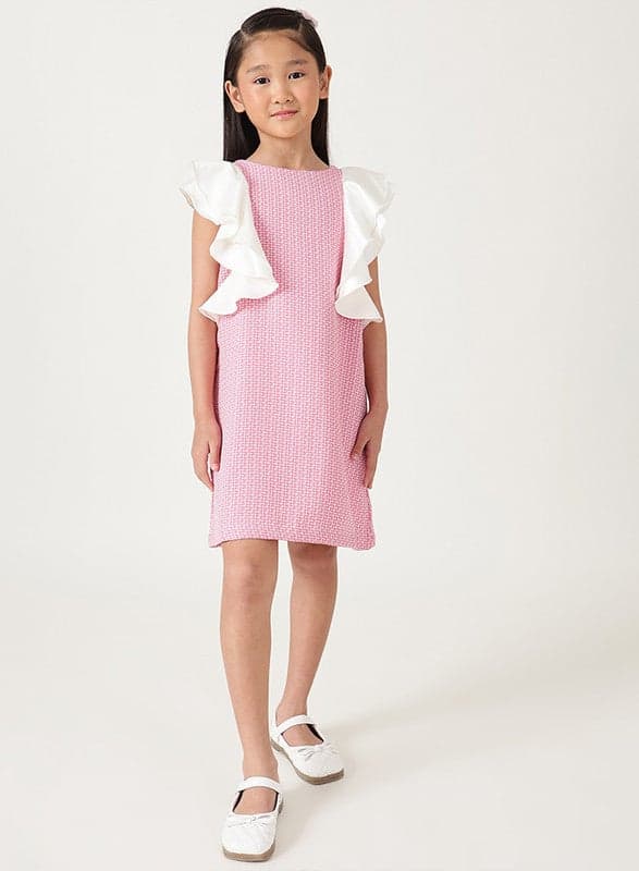 Pink Tweed Ruffle Trim Girls Dress - Image 1