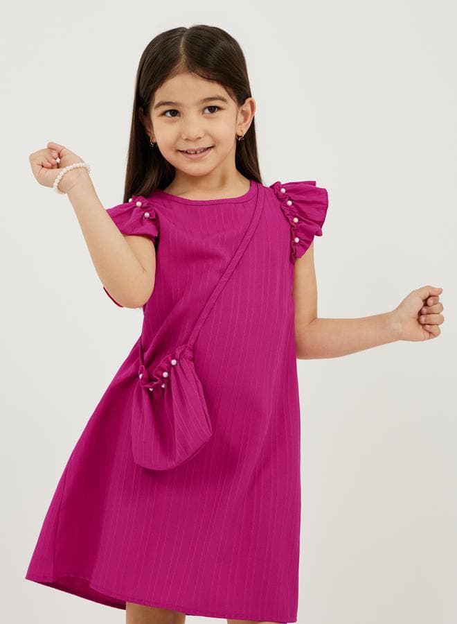 Bright Pink Ruffle Sleeve A-Line Dress with Pouch - Image 1