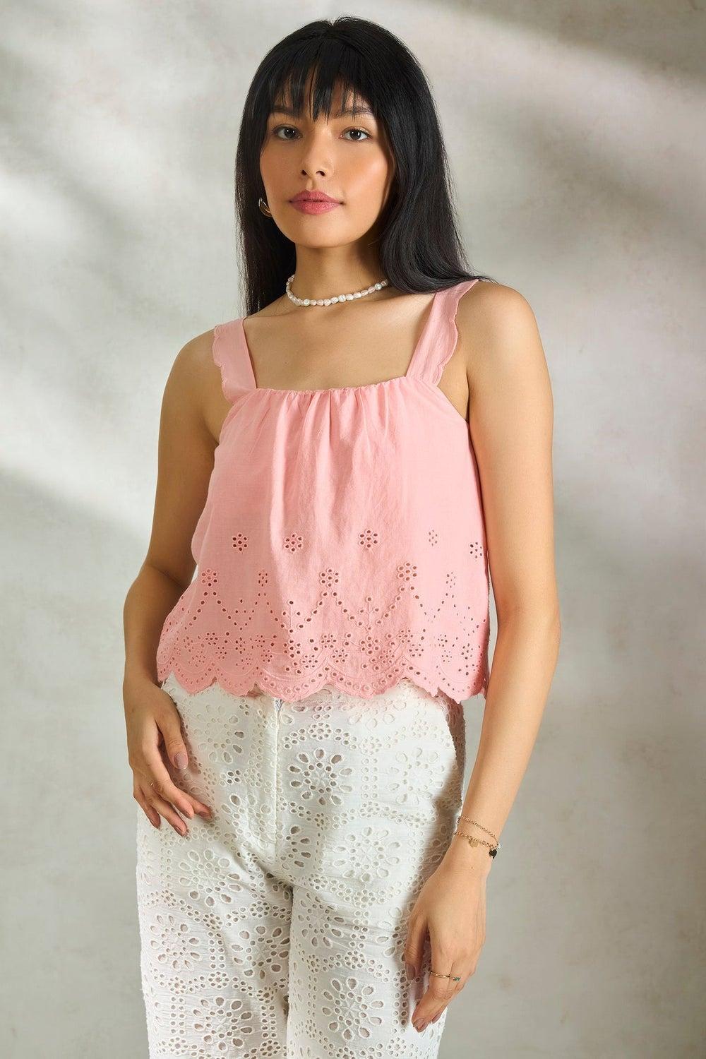 Cotton Schiffli Scalloped Strap Daywear Top for Women - Image 1