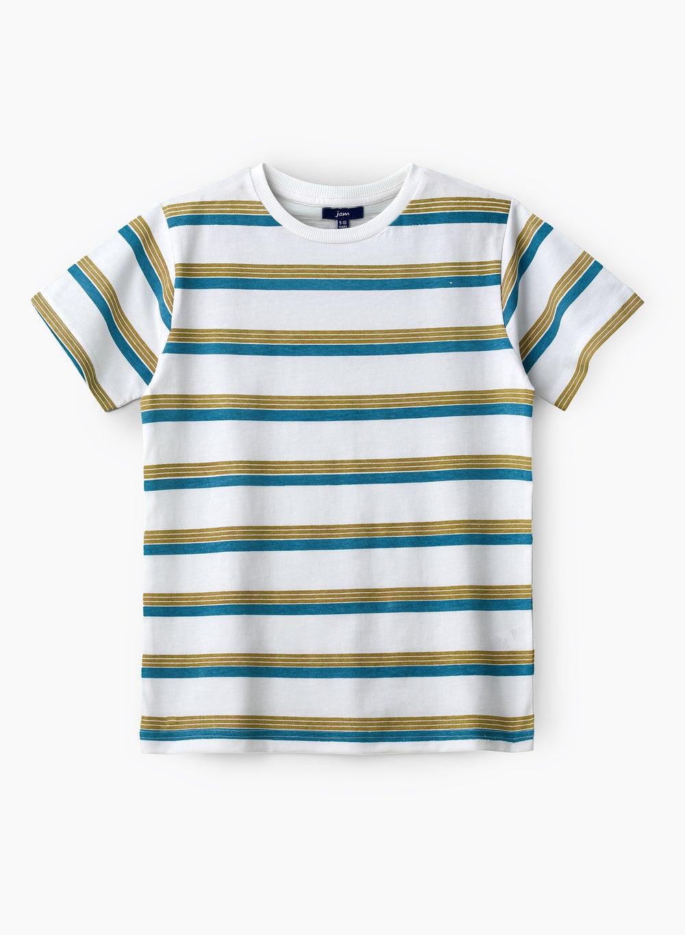 Nautical Blue and Gold Striped Cotton Tee for Boys - Image 1