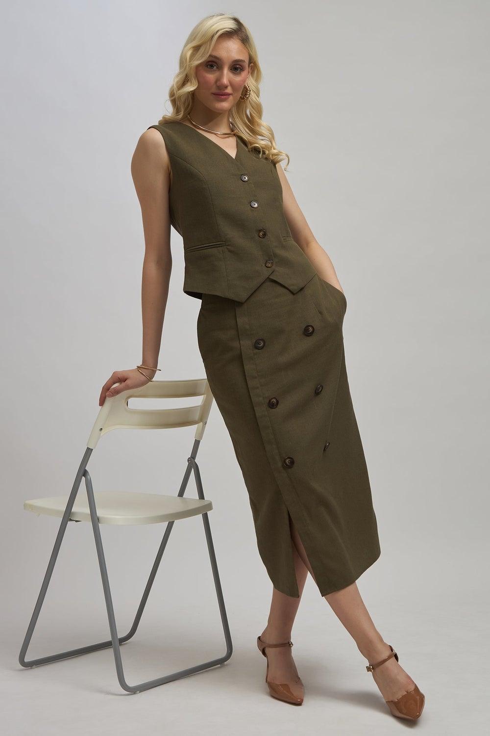 Virgio Saige Olive Button Detail Midi Skirt - Image 1