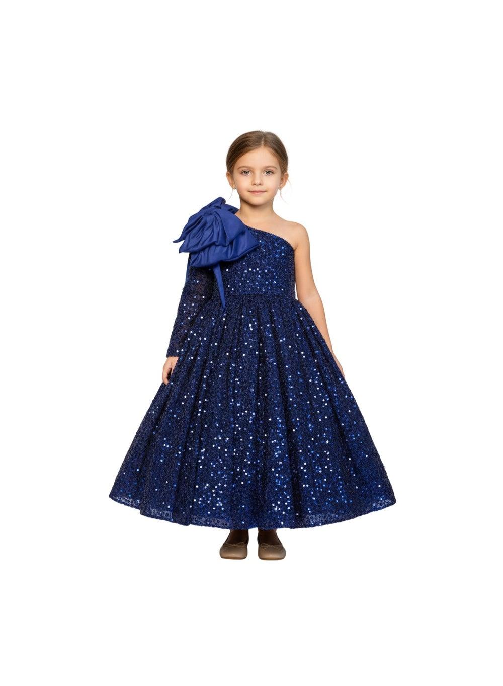 Blue Sequin Floral Shoulder Floor-Length Girls Dress - Image 1
