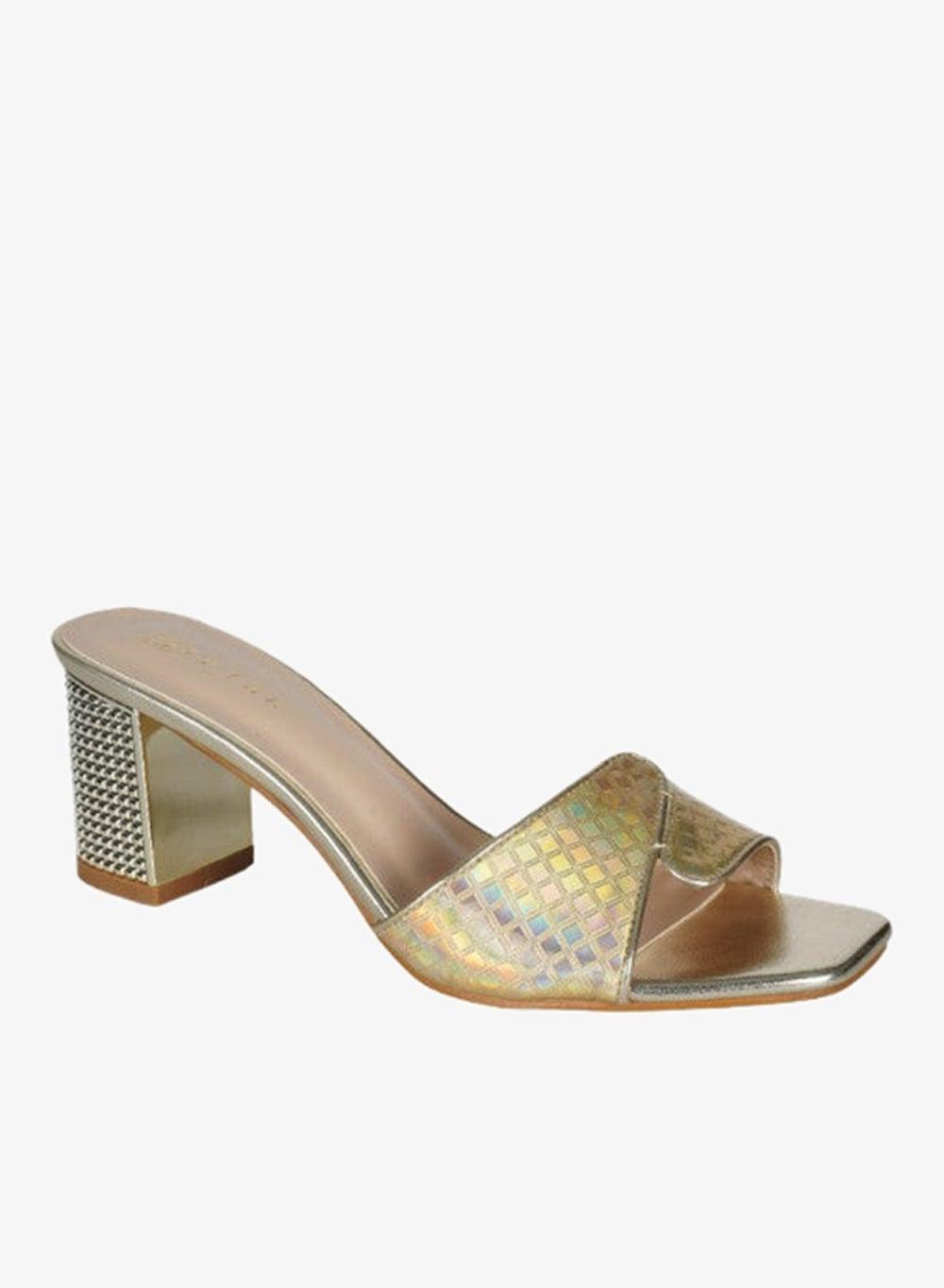 221-79 Zayna Ladies Gold High Block Heel Slip-On Sandals - Image 1