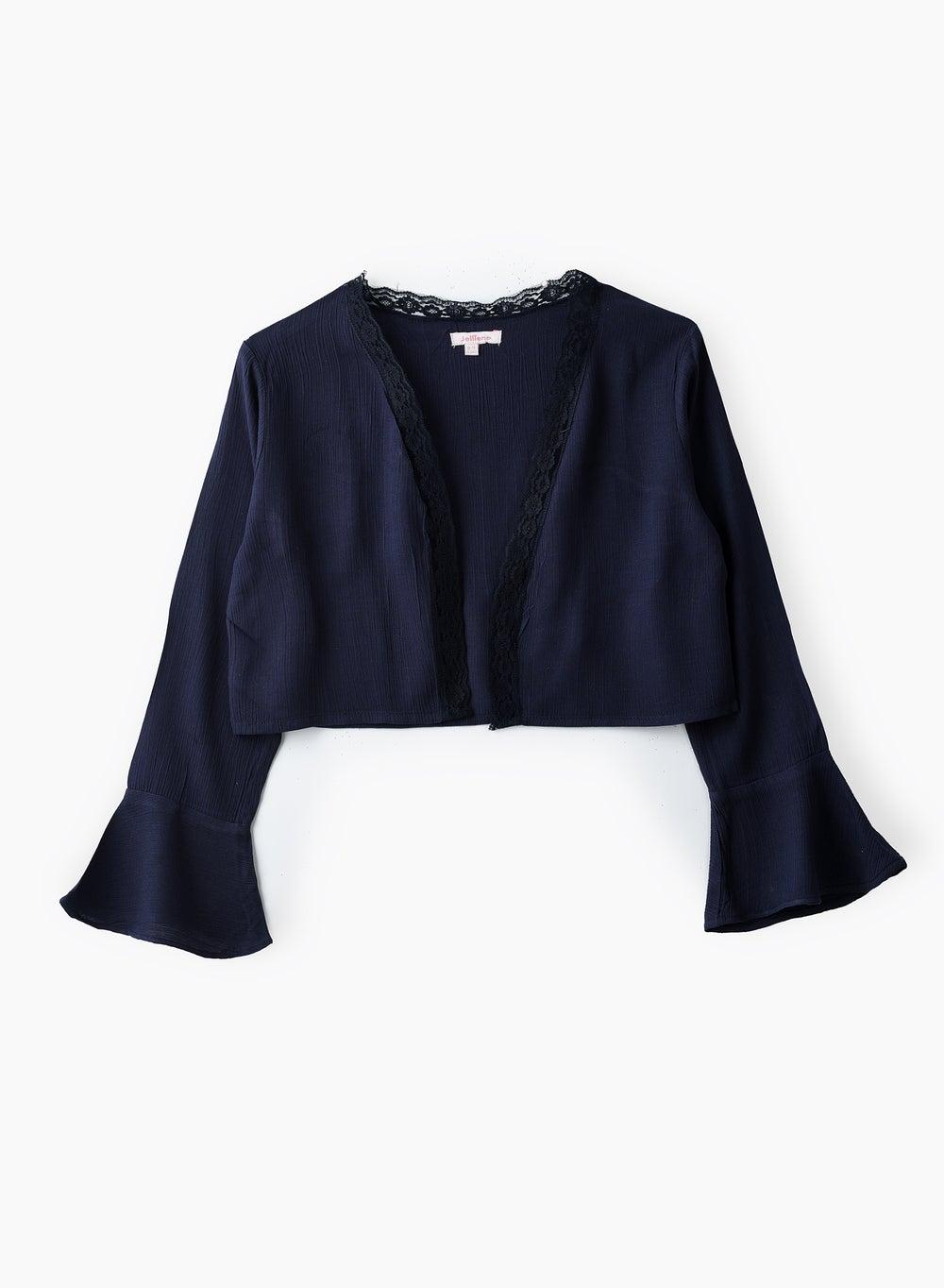 Girls Navy Cropped Viscose Blouse with Lace Trim - Image 1