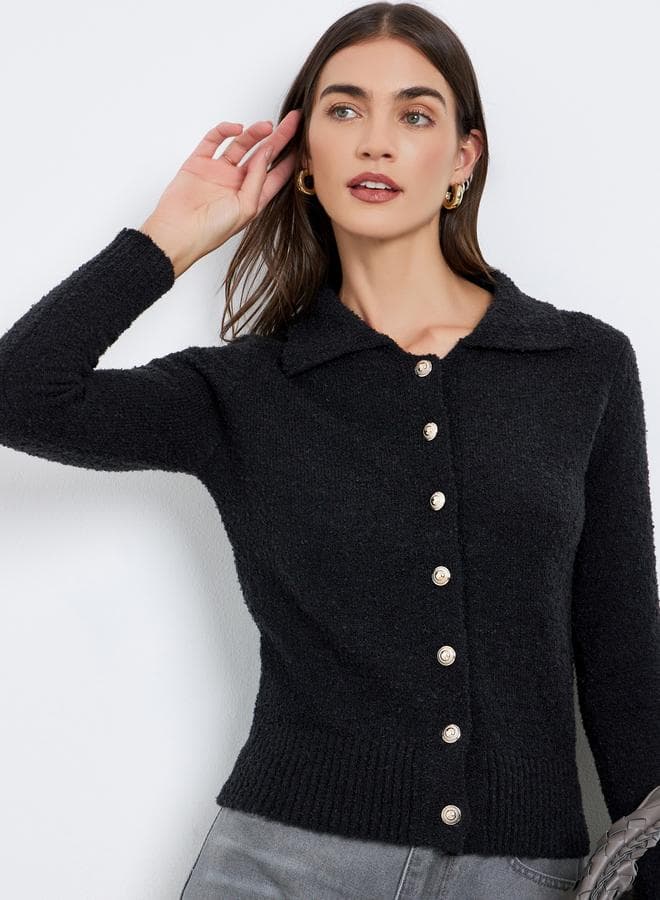 Styli Black Textured Ribbed Buttoned Knit Top - Image 1