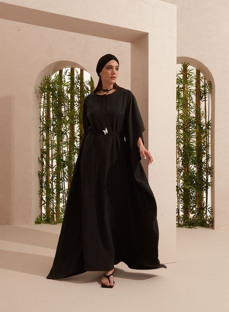 Ameera Black Tencel Kaftan with Belt - Image 1