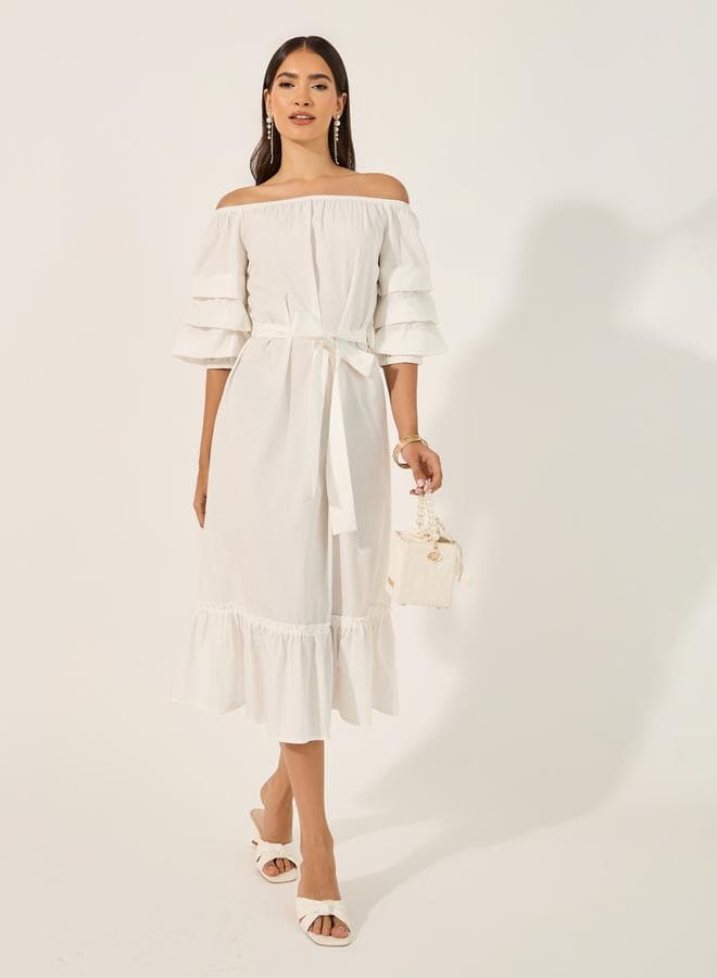 Ruffled Off-Shoulder Midi Dress with Tie Waist - Image 1