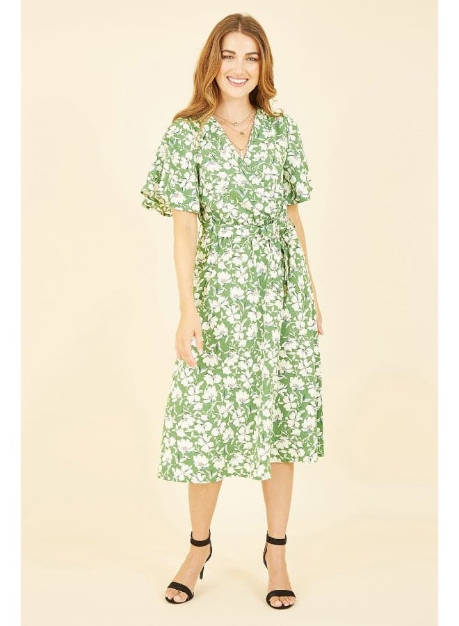 Green Floral Print Wrap Midi Dress - Image 1