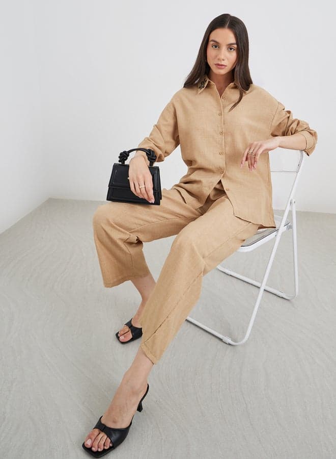 Embroidered Collar Shirt and Pants Co-Ord Set - Image 1