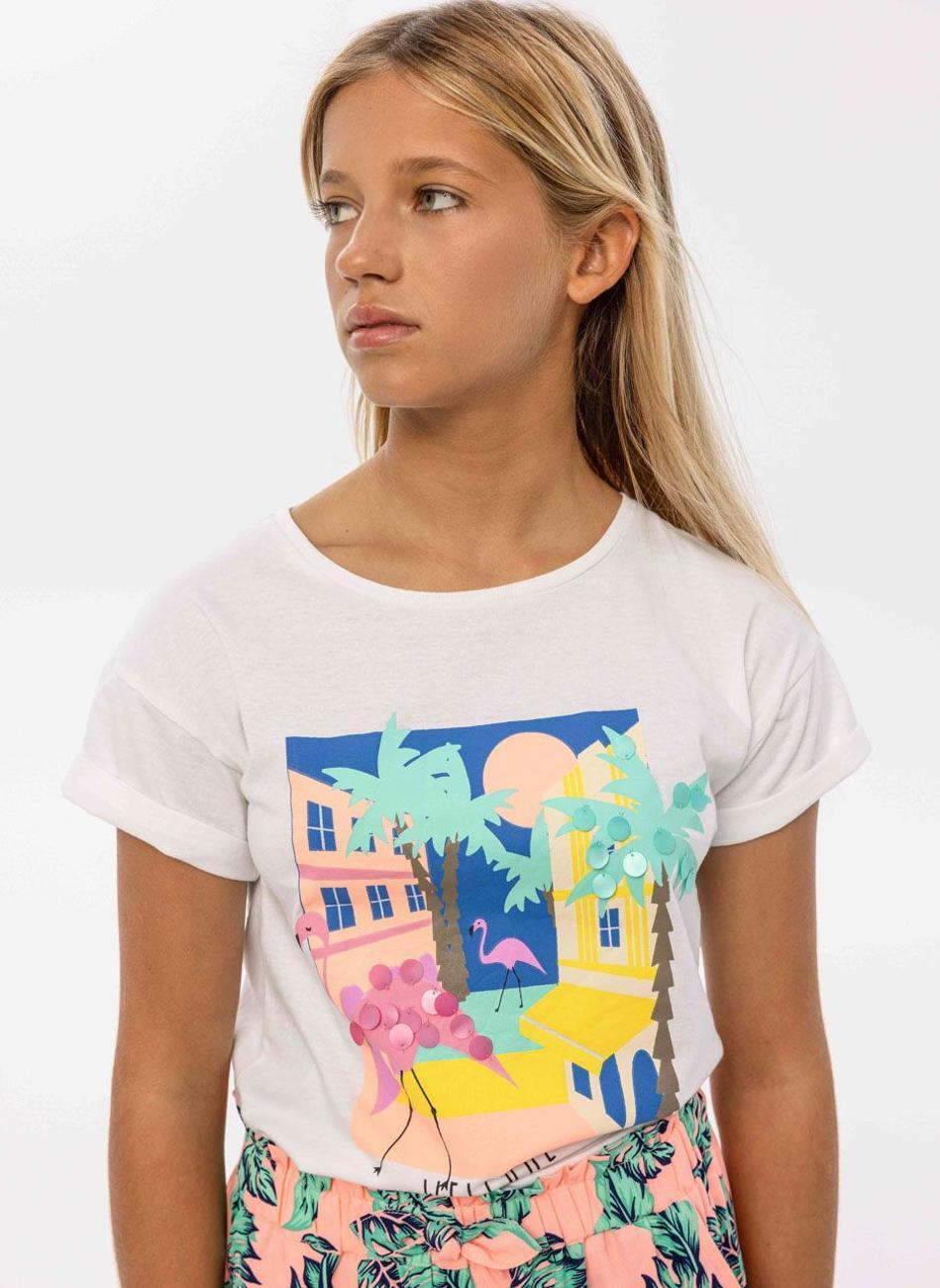 Girls Cream Sequin T-Shirt for Summer - Image 1