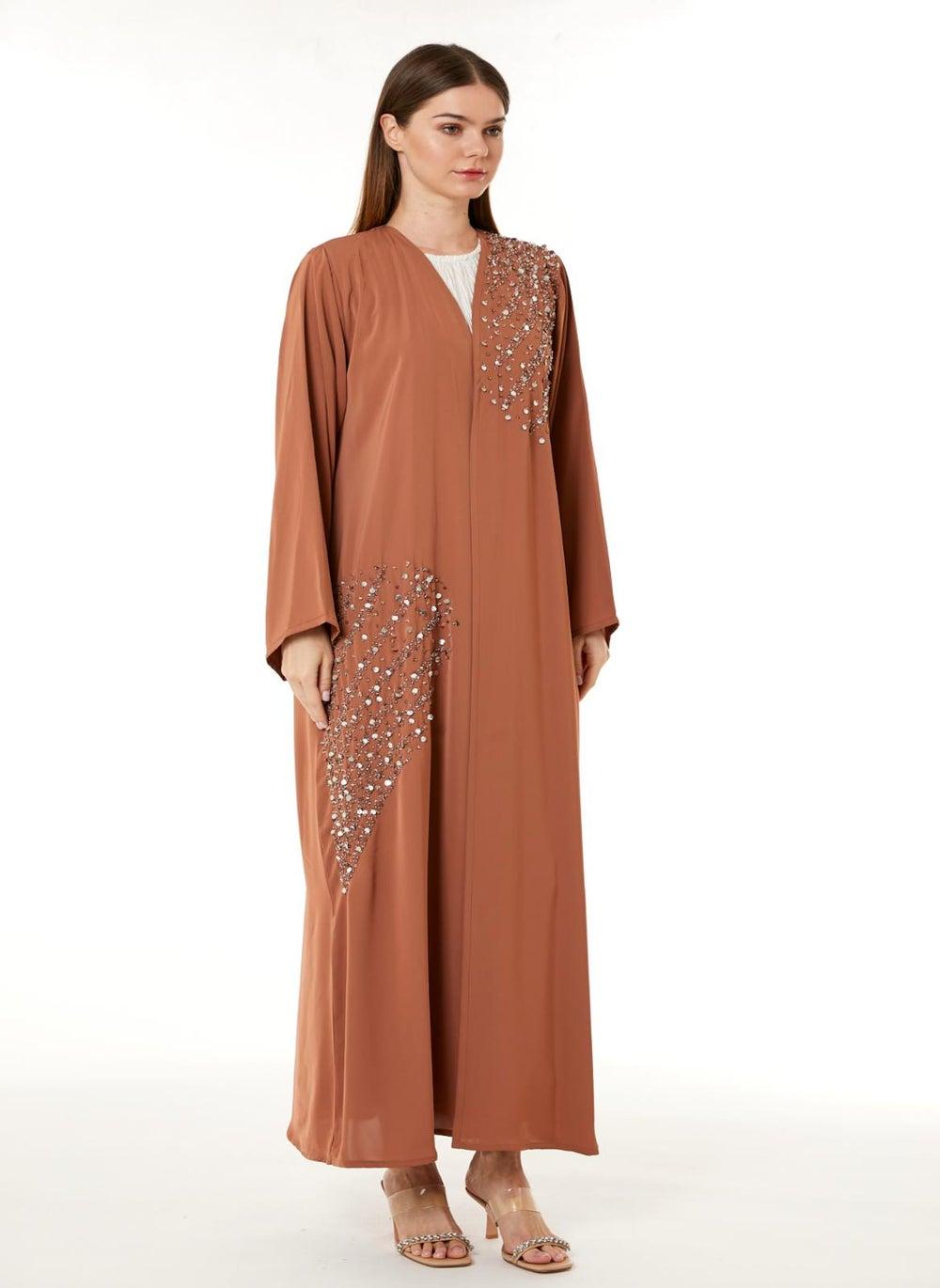 Orange Korean Nida Hand Embellished Abaya with Scarf - Image 1