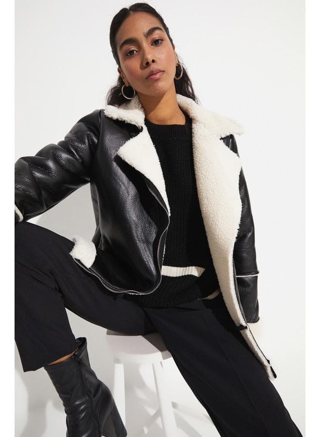 June Fur Detailed Black Oversized Coat - Image 1
