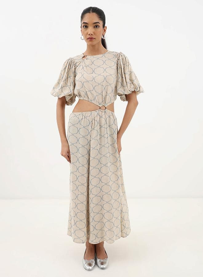 Beige Print Cutout Calf-Length Dress - Image 1