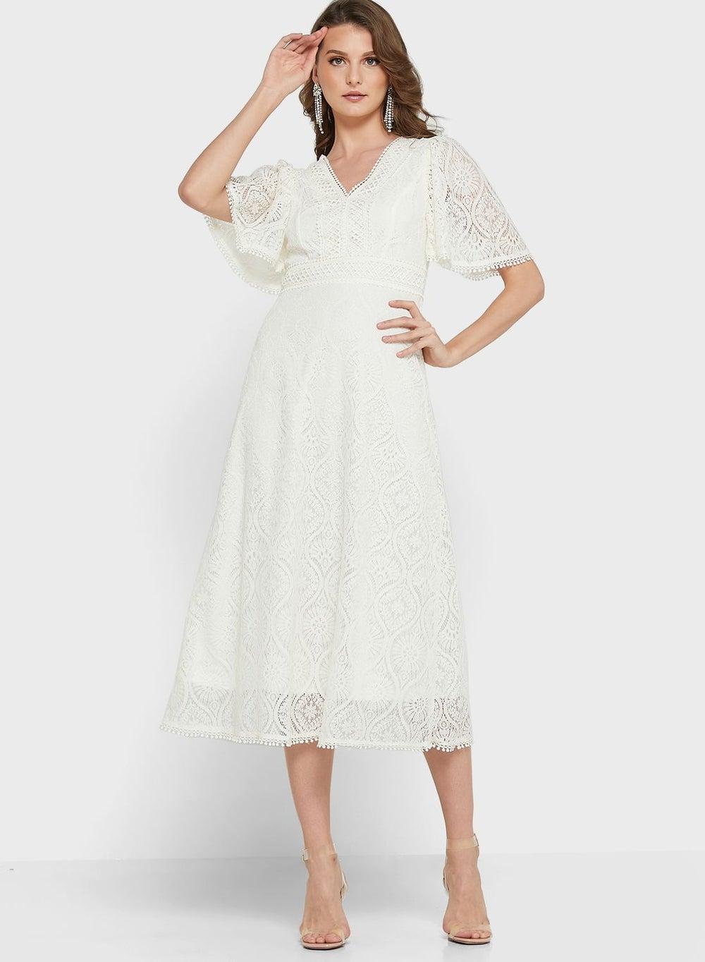 Lace Midi Dress with Flutter Sleeves - Image 1